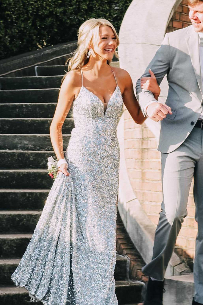 Sexy Silver Sequin Mermaid Long V neck Prom Dresses with Slit, Evening Dresses OM0043