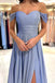 Shiny Blue Off the Shoulder A line Long Prom Dress, Sweetheart Slit Formal Dresses OM0381