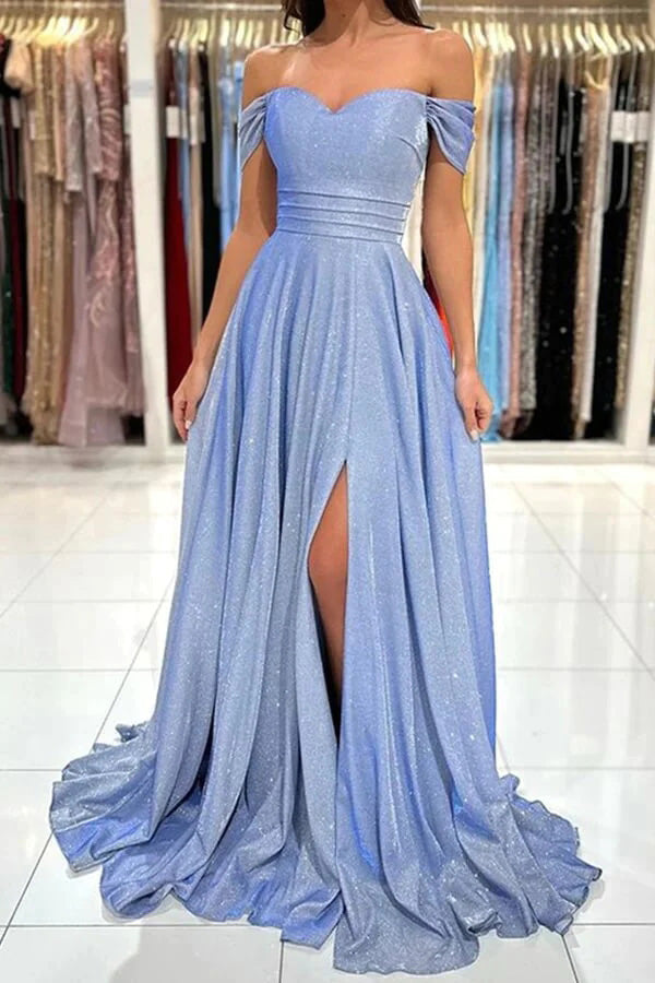 Shiny Blue Off the Shoulder A line Long Prom Dress, Sweetheart Slit Formal Dresses OM0381