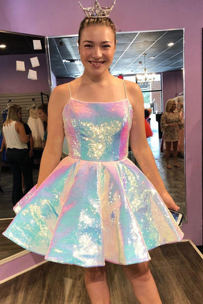 Shiny A line Sequined Spaghetti Straps Sleeveless Homecoming Dresses, Short Prom Dress OMH0076