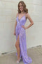 Shiny V Neck Sequins Spaghetti Straps Lavender Prom Dress With High Split OM0062