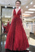 Charming Burgundy V Neck Sleeveless Sequin Prom Dresses A Line Formal Party Dress PDI56