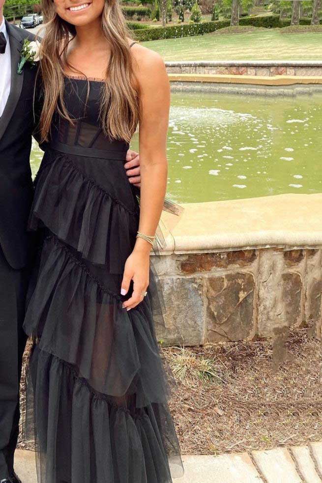 Simple A-line Layered Tulle Black Prom Dresses, Long Party Dance Dresses OM0042