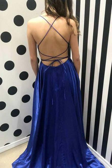Royal Blue Spaghetti Strap A Line Prom Dress Sexy Long Split Party Dresses OM0006