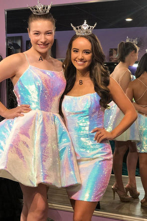 Shiny A line Sequined Spaghetti Straps Sleeveless Homecoming Dresses, Short Prom Dress OMH0076