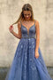 Elegant A line V neck Spaghetti Straps Blue Tulle Prom Dresses, Formal Party Dresses OM0146