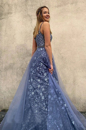 Elegant A line V neck Spaghetti Straps Blue Tulle Prom Dresses, Formal Party Dresses OM0146