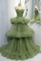 Unique A line Green Tulle Spaghetti Straps Long Prom Dress, Tiered Quinceanera Dress OM0286