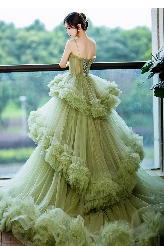 Unique A line Green Tulle Spaghetti Straps Long Prom Dress, Tiered Quinceanera Dress OM0286