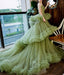 Unique A line Green Tulle Spaghetti Straps Long Prom Dress, Tiered Quinceanera Dress OM0286