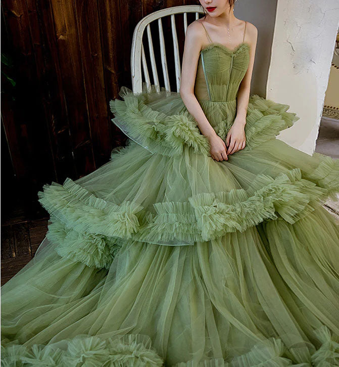 Unique A line Green Tulle Spaghetti Straps Long Prom Dress, Tiered Quinceanera Dress OM0286