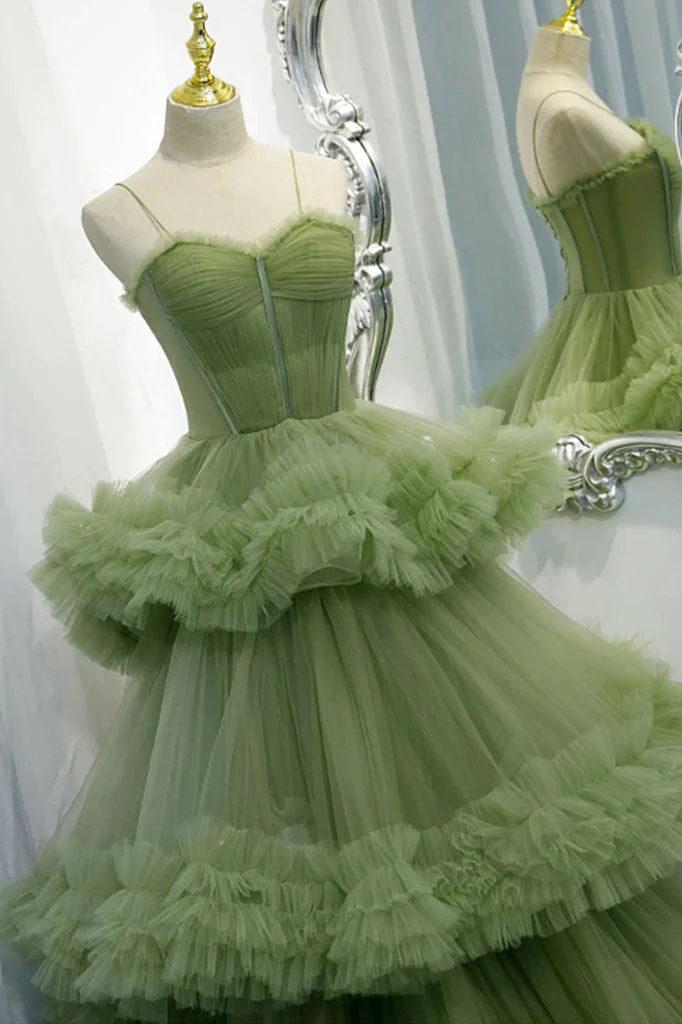 Unique A line Green Tulle Spaghetti Straps Long Prom Dress, Tiered Quinceanera Dress OM0286