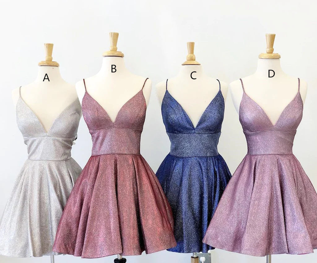 A Line Spaghetti Straps V Neck Homecoming Dresses, Shiny Short Cocktail Dresses OMH0134