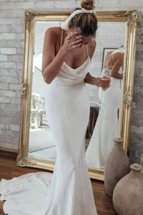 Simple Spaghetti Straps Ivory Mermaid Beach Wedding Dresses, Cheap Bridal Dress OW0125