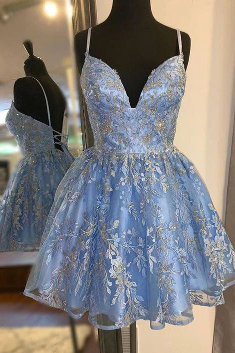 A Line Blue Spaghetti Straps Tulle V Neck Homecoming Dresses With Lace Appliques OMH0226