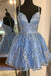 A Line Blue Spaghetti Straps Tulle V Neck Homecoming Dresses With Lace Appliques OMH0226