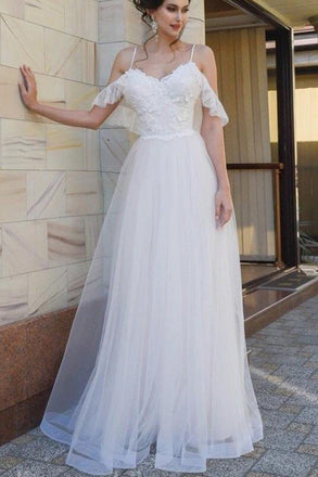 Spaghetti Straps Lace Dropped Sleeves Tulle A Line Beach Wedding Dress PDH83