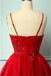 A Line Spaghetti Straps Red Satin Appliques V Neck Homecoming Dresses OMH0071