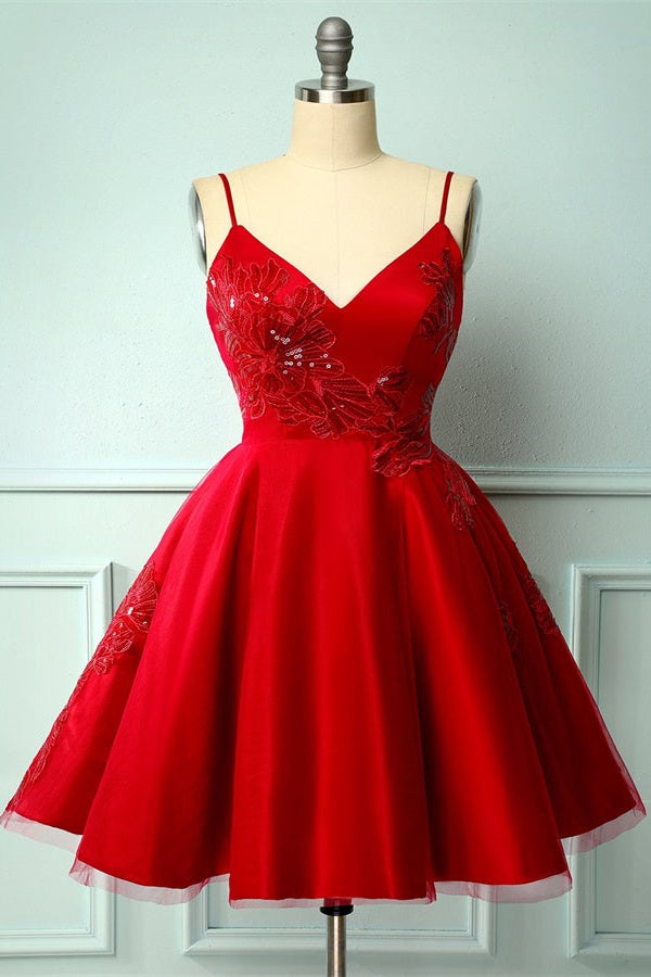 A Line Spaghetti Straps Red Satin Appliques V Neck Homecoming Dresses OMH0071