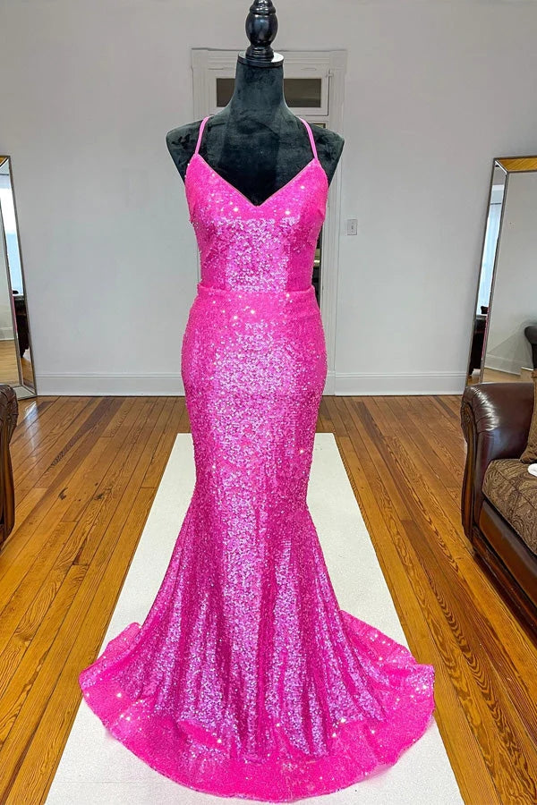 Glitter Mermaid Orange Sequins V Neck Sexy Prom Dress, Spaghetti Straps Party Dress OM0314