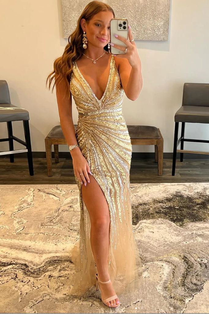 Sparkly Mermaid Golden V Neck Sequins Long Prom Dress With Slit, Formal Dress OM0377