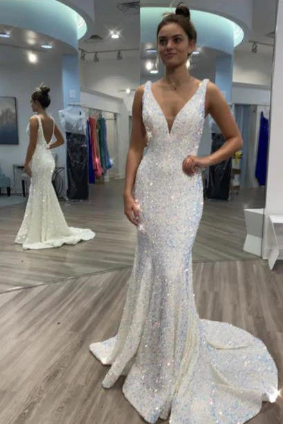 Sparkly Mermaid Sequins V neck White Prom Dresses, Long Backless Party Gown OM0233