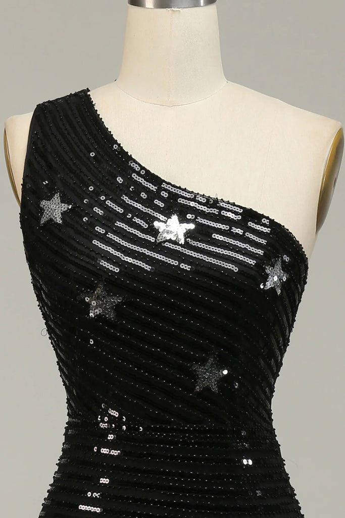 Black Sequins One Shoulder Long Prom Dress With Stars, Floor Length Evening Dress OM0376