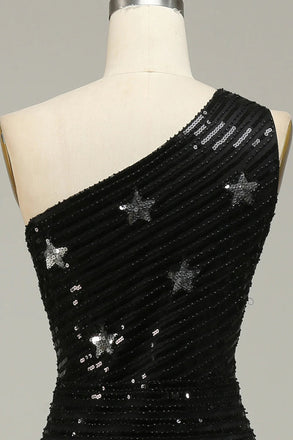 Black Sequins One Shoulder Long Prom Dress With Stars, Floor Length Evening Dress OM0376