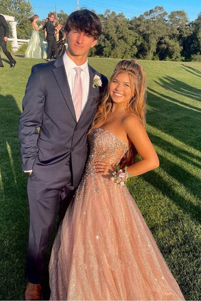 Sparkly A Line Tulle Strapless Long Prom Dresses, Sleeveless Evening Party Dresses OM0298