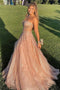 Sparkly A Line Tulle Strapless Long Prom Dresses, Sleeveless Evening Party Dresses OM0298