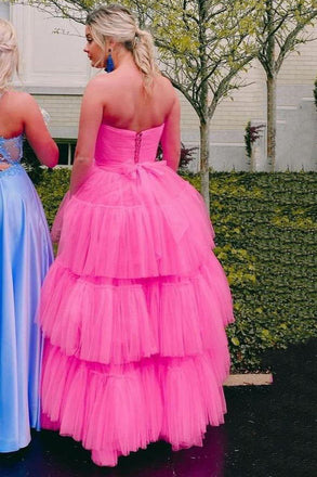 Ball Gown Pink Strapless High-Low Layered Tulle Prom Dresses Sweet 16 Dresses OM0145