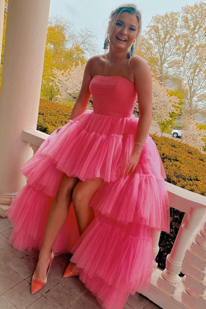 Ball Gown Pink Strapless High-Low Layered Tulle Prom Dresses Sweet 16 Dresses OM0145
