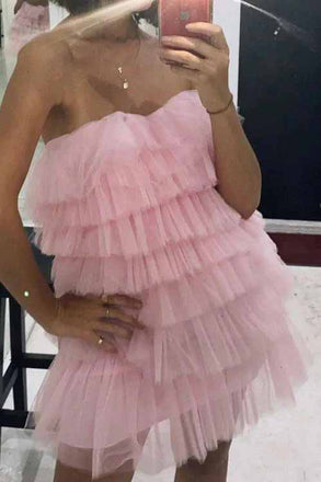 A Line Strapless Tiered Tulle Homecoming Dresses, Pink Short Prom Dresses OMH0163