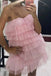 A Line Strapless Tiered Tulle Homecoming Dresses, Pink Short Prom Dresses OMH0163