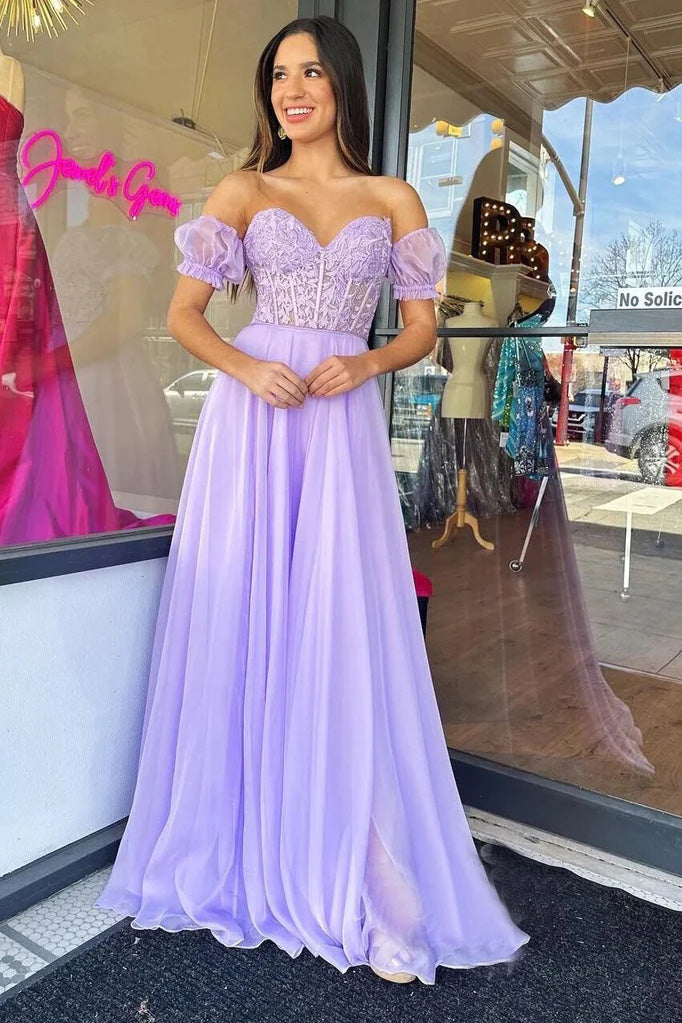 Elegant A Line Sweetheart Lavender Chiffon Prom Dresses With Lace, Evening Gowns OM0334