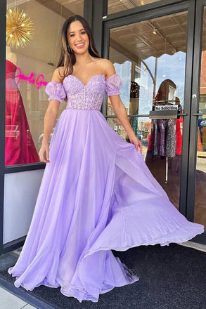 Elegant A Line Sweetheart Lavender Chiffon Prom Dresses With Lace, Evening Gowns OM0334