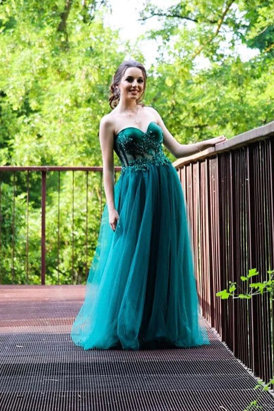 Emerald Corset Tulle Sweetheart Beaded Lace Prom Dresses, Green Strapless Party Gown OM0222