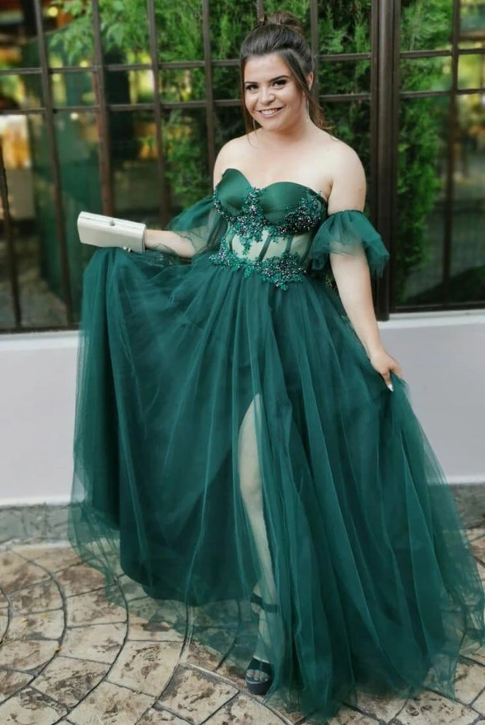 Emerald Corset Tulle Sweetheart Beaded Lace Prom Dresses, Green Strapless Party Gown OM0222