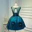 A Line Flower Appliques Round Neck Homecoming Dresses, Blue Short Prom Dress PDN71