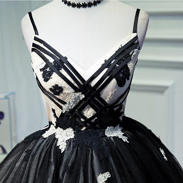A Line Spaghetti Straps Tulle Black Short Homecoming Dress With Appliques PDN46