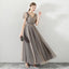 A Line Tulle Long Appliques Beaded Prom Dresses, Grey Formal Evening Dress PDG72