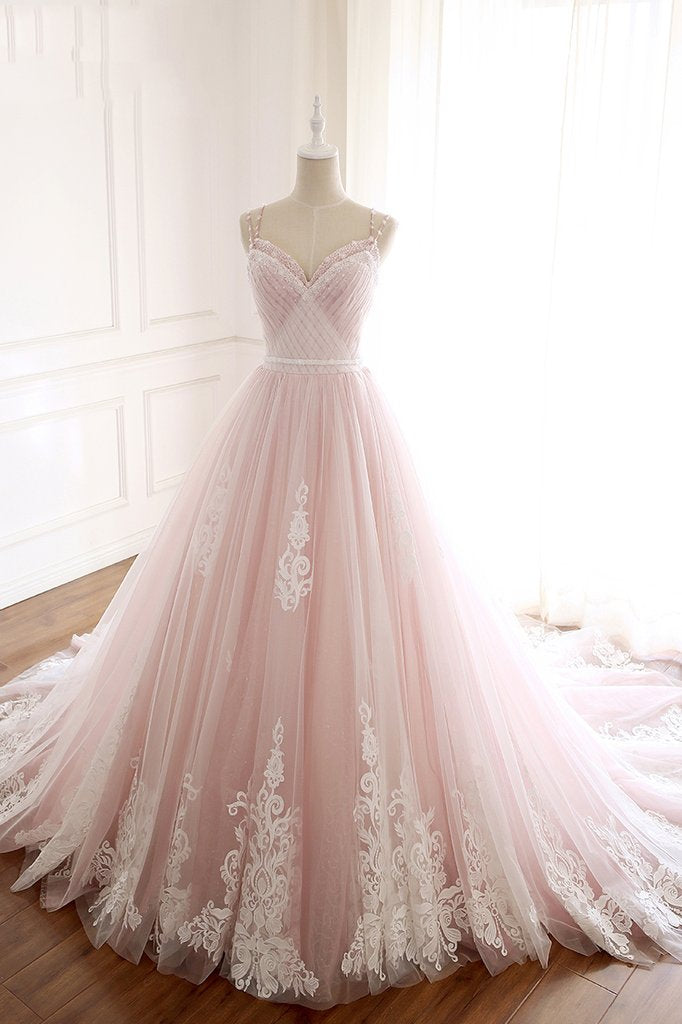 Pink Tulle Prom Dress with Lace Appliques, A Line Formal Evening Party Dresses PDJ50