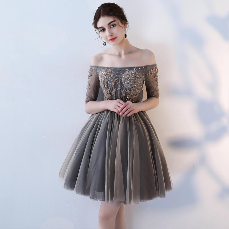 A Line Half Sleeves Off the Shoulder Homecoming Dresses, Short Appliques Prom Dress PDN62