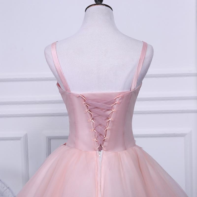 Pink A Line Tulle Spaghetti Straps Homecoming Dresses With Appliques PDN54