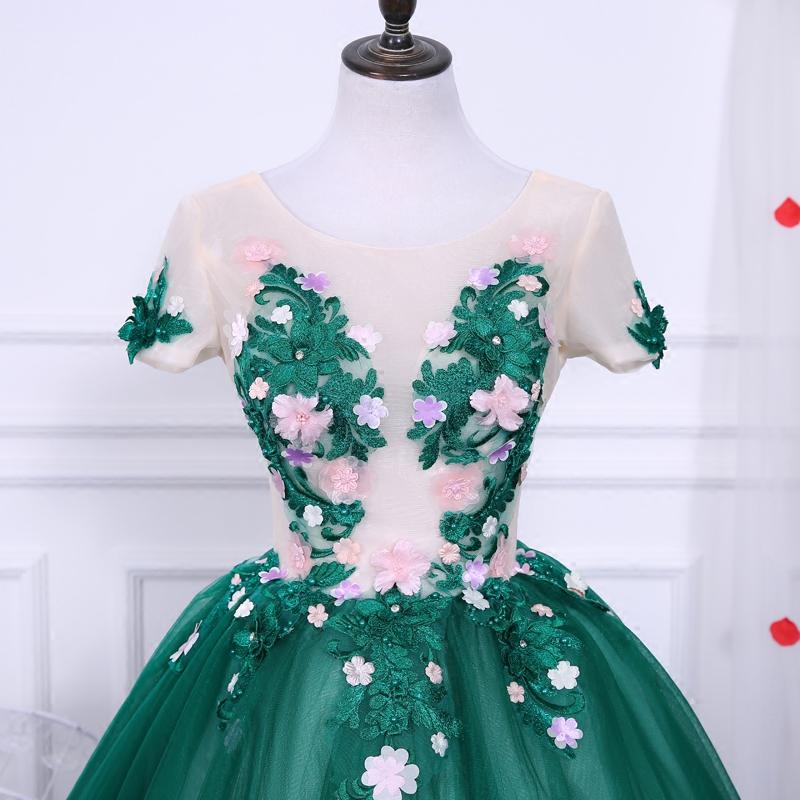 Green A Line Short Sleeves Tulle Floral Appliques Short Homecoming Dresses PDN50