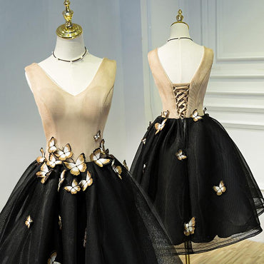 A Line Black V Neck Homecoming Dresses, Sleeveless Prom Dress With Butterfly PDN68