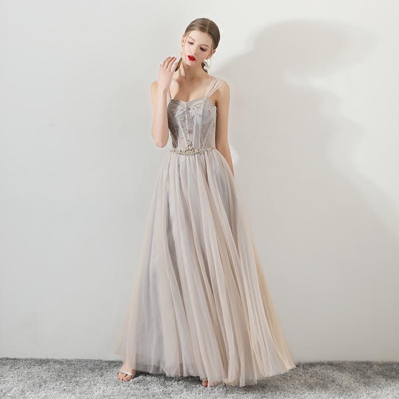 A Line Tulle Long Straps Lace Up Back Beaded Prom Dresses,Evening Dress PDG73