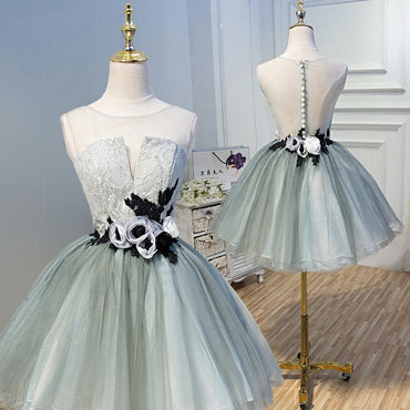 A Line Tulle Flowers Short Homecoming Dresses, Cheap Party Dress PDN51