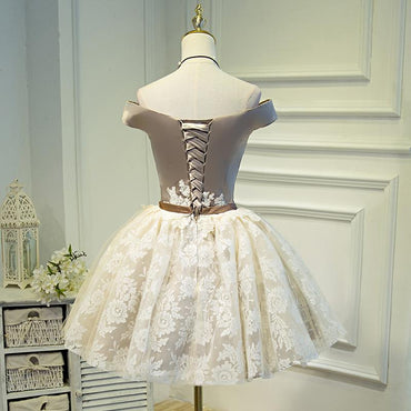 A Line Lace Appliques Off the Shoulder Homecoming Dresses, Short Prom Dress PDN70
