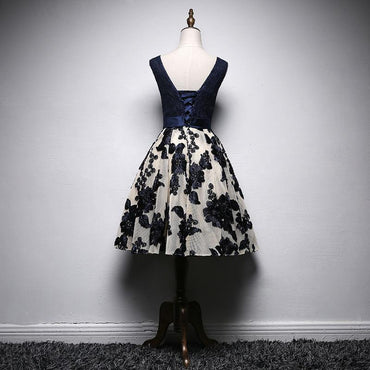 A Line Navy Blue V Neck Homecoming Dresses, Short Bow-knot Prom Dress PDN66
